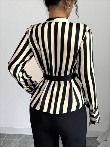 SweatyRocks Women's Long Sleeve Wrap V Neck Striped Blouse Tops Ruched Elegant Work Shirts in Saudi Arabia