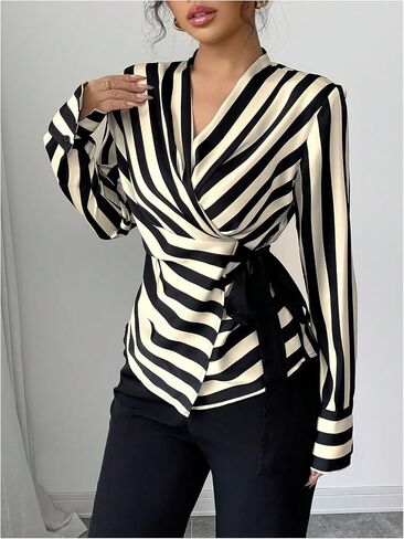 SweatyRocks Women's Long Sleeve Wrap V Neck Striped Blouse Tops Ruched Elegant Work Shirts in Saudi Arabia