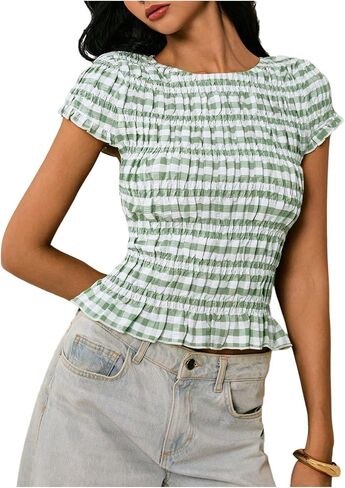 Women's Striped Ruffle Shirred Blouses Short Sleeve Crew Neck Elegant Babydoll Tops Shirts in Saudi Arabia
