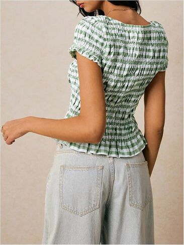 Women's Striped Ruffle Shirred Blouses Short Sleeve Crew Neck Elegant Babydoll Tops Shirts in Saudi Arabia