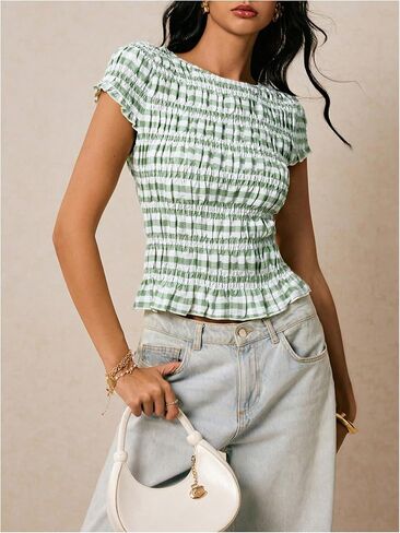 Women's Striped Ruffle Shirred Blouses Short Sleeve Crew Neck Elegant Babydoll Tops Shirts in Saudi Arabia