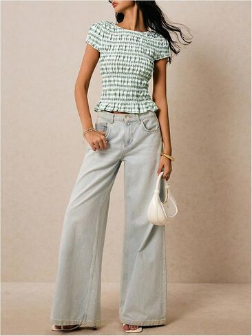 Women's Striped Ruffle Shirred Blouses Short Sleeve Crew Neck Elegant Babydoll Tops Shirts in Saudi Arabia