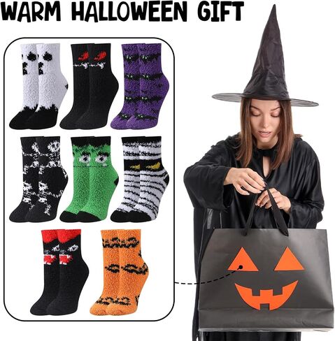 8 Pairs Halloween Fuzzy Socks for Women Girls Cozy Thick Fluffy Warm Socks Funny Halloween Gifts for Boo Spooky Basket Stuffers in Saudi Arabia
