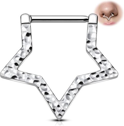 Melighting Star Septum Ring 16G 8mm Clicker مع تصميم نجمة خمس نقاط مطروقة، مجوهرات ثقب الأنف والأنف من الفولاذ المقاوم للصدأ 316L الجراحية للنساء والرجال in Saudi Arabia