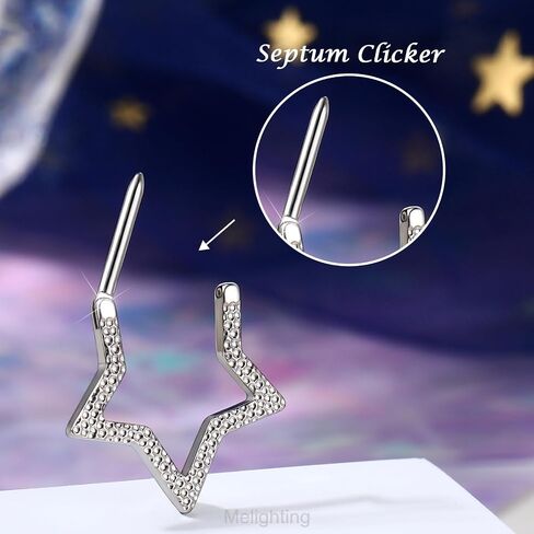 Melighting Star Septum Ring 16G 8mm Clicker مع تصميم نجمة خمس نقاط مطروقة، مجوهرات ثقب الأنف والأنف من الفولاذ المقاوم للصدأ 316L الجراحية للنساء والرجال in Saudi Arabia