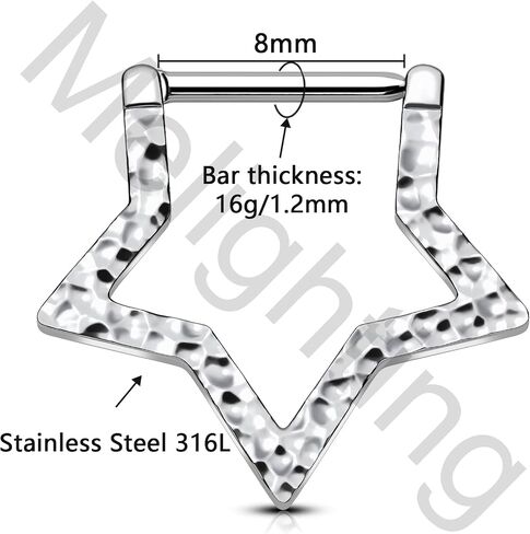 Melighting Star Septum Ring 16G 8mm Clicker مع تصميم نجمة خمس نقاط مطروقة، مجوهرات ثقب الأنف والأنف من الفولاذ المقاوم للصدأ 316L الجراحية للنساء والرجال in Saudi Arabia