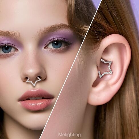 Melighting Star Septum Ring 16G 8mm Clicker مع تصميم نجمة خمس نقاط مطروقة، مجوهرات ثقب الأنف والأنف من الفولاذ المقاوم للصدأ 316L الجراحية للنساء والرجال in Saudi Arabia