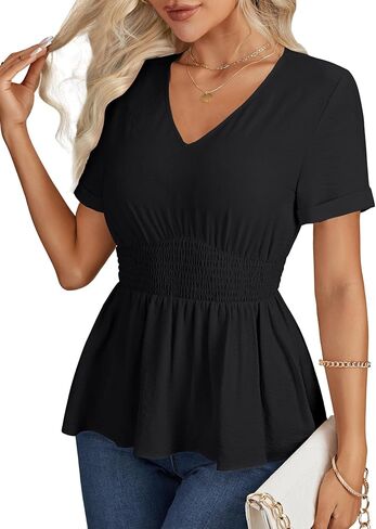 LYANER Women's Peplum V Neck Shirred Roll up Sleeve Slim Fit Ruffle Work Office Blouse Tops in Saudi Arabia