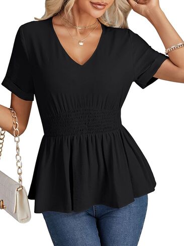 LYANER Women's Peplum V Neck Shirred Roll up Sleeve Slim Fit Ruffle Work Office Blouse Tops in Saudi Arabia