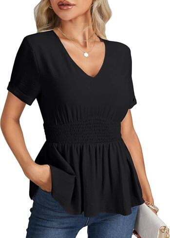 LYANER Women's Peplum V Neck Shirred Roll up Sleeve Slim Fit Ruffle Work Office Blouse Tops in Saudi Arabia