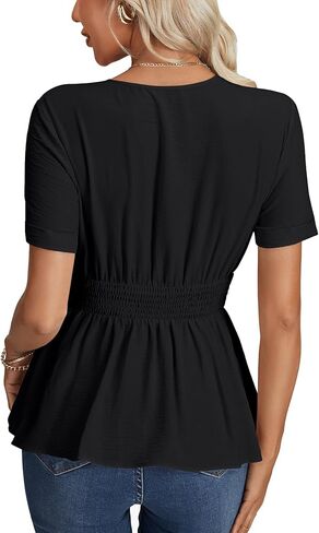 LYANER Women's Peplum V Neck Shirred Roll up Sleeve Slim Fit Ruffle Work Office Blouse Tops in Saudi Arabia