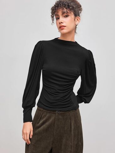 CIDER Long Sleeve Tops for Women Turtle Neck Ruched Slim Fit Blouse Elegant Solid Top Long Sleeve in Saudi Arabia