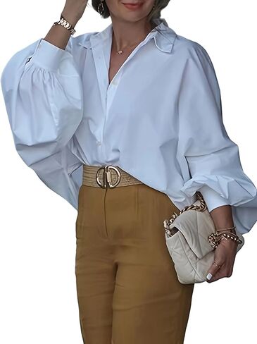 UOOZEE Women's Long Lantern Sleeve Button Down Shirt Cotton Loose Fit Lapel Collar Blouse Dressy Casual Office Work Tops in Saudi Arabia