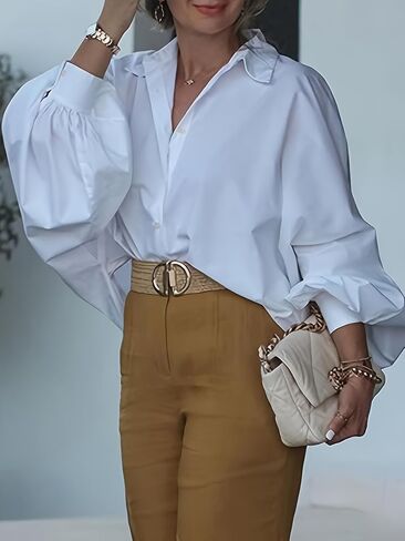 UOOZEE Women's Long Lantern Sleeve Button Down Shirt Cotton Loose Fit Lapel Collar Blouse Dressy Casual Office Work Tops in Saudi Arabia