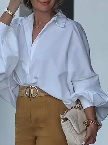 UOOZEE Women's Long Lantern Sleeve Button Down Shirt Cotton Loose Fit Lapel Collar Blouse Dressy Casual Office Work Tops in Saudi Arabia