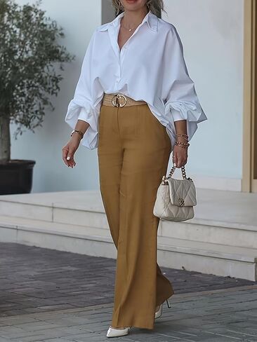UOOZEE Women's Long Lantern Sleeve Button Down Shirt Cotton Loose Fit Lapel Collar Blouse Dressy Casual Office Work Tops in Saudi Arabia