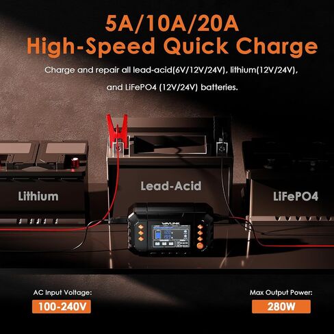 شاحن بطارية ذكي Wavlink ، شاحن بطارية 20-AMP ، مع شاحن بطارية مع شاشة LCD ، لبطاريات 6V/12V/24V للبطاريات/الليثيوم/LIFEPO4 ، وصياغة للبطارية ، و desulfurizer للسيارة ، والقوارب ، والدراجات النارية ، والدراجات النارية in Saudi Arabia