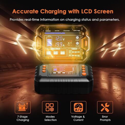 شاحن بطارية ذكي Wavlink ، شاحن بطارية 20-AMP ، مع شاحن بطارية مع شاشة LCD ، لبطاريات 6V/12V/24V للبطاريات/الليثيوم/LIFEPO4 ، وصياغة للبطارية ، و desulfurizer للسيارة ، والقوارب ، والدراجات النارية ، والدراجات النارية in Saudi Arabia