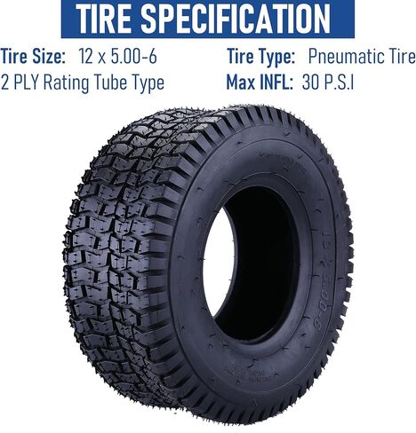 مجموعة إطارات وأنبوب داخلي مقاس 12 × 5.00-6 لشفرات الحلاقة (الإصدارات 19+) Dirt Quad وGo Kart، والدراجة الترابية، وATV، وجرارات الفناء، وجزازة العشب وأكثر من ذلك، أنبوب داخلي بديل ممتاز للإطارات مع ساق صمام معدني منحني مجموعة واحدة in Kuwait