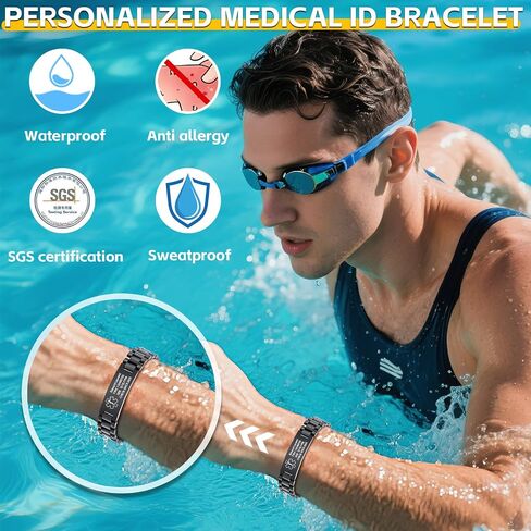 Personalized Medical Alert Bracelets for Men - Free Engraving Medical ID Bracelet Adjustable Stainless Steel Waterproof Wristband Custom Emergency Bracelet Jewelry for Autism Allergy Diabetic Epilepsy in Saudi Arabia