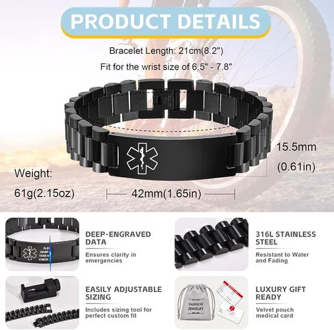 Personalized Medical Alert Bracelets for Men - Free Engraving Medical ID Bracelet Adjustable Stainless Steel Waterproof Wristband Custom Emergency Bracelet Jewelry for Autism Allergy Diabetic Epilepsy in Saudi Arabia