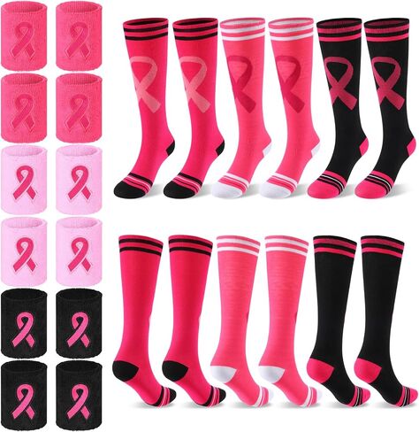 ramede 12 Pair Breast Cancer Awareness Socks and Wristband Set 6 Pink Ribbon Thigh High Socks 6 Sweatband for Breast Cancer Awareness Month Pink Out Day Football Softball Soccer Sport Women Men in Saudi Arabia