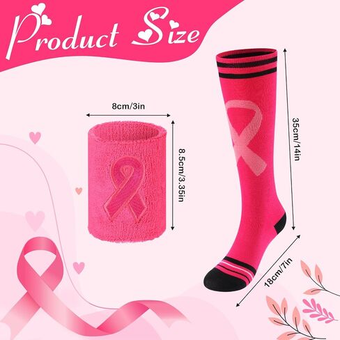 ramede 12 Pair Breast Cancer Awareness Socks and Wristband Set 6 Pink Ribbon Thigh High Socks 6 Sweatband for Breast Cancer Awareness Month Pink Out Day Football Softball Soccer Sport Women Men in Saudi Arabia