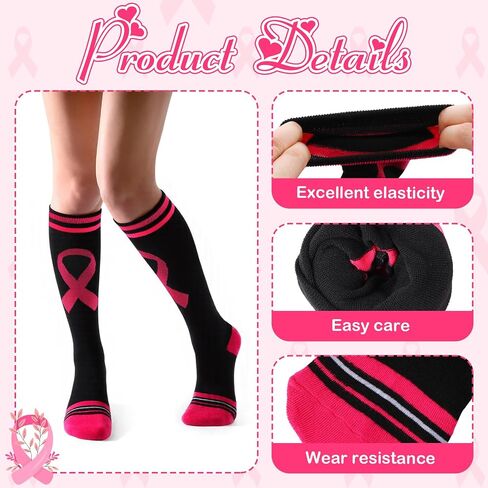 ramede 12 Pair Breast Cancer Awareness Socks and Wristband Set 6 Pink Ribbon Thigh High Socks 6 Sweatband for Breast Cancer Awareness Month Pink Out Day Football Softball Soccer Sport Women Men in Saudi Arabia