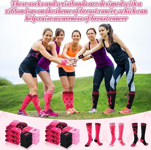ramede 12 Pair Breast Cancer Awareness Socks and Wristband Set 6 Pink Ribbon Thigh High Socks 6 Sweatband for Breast Cancer Awareness Month Pink Out Day Football Softball Soccer Sport Women Men in Saudi Arabia