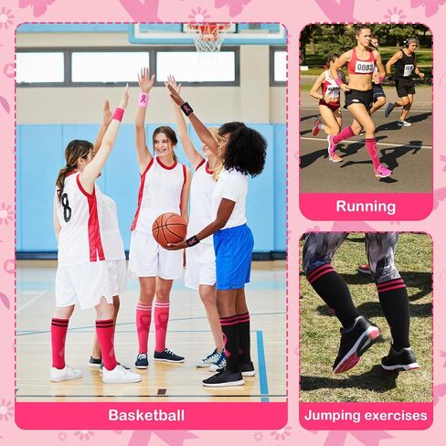 ramede 12 Pair Breast Cancer Awareness Socks and Wristband Set 6 Pink Ribbon Thigh High Socks 6 Sweatband for Breast Cancer Awareness Month Pink Out Day Football Softball Soccer Sport Women Men in Saudi Arabia