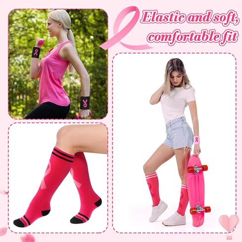 ramede 12 Pair Breast Cancer Awareness Socks and Wristband Set 6 Pink Ribbon Thigh High Socks 6 Sweatband for Breast Cancer Awareness Month Pink Out Day Football Softball Soccer Sport Women Men in Saudi Arabia