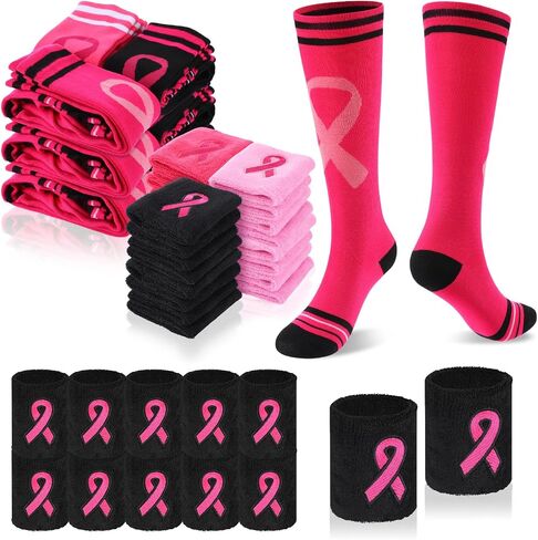 ramede 12 Pair Breast Cancer Awareness Socks and Wristband Set 6 Pink Ribbon Thigh High Socks 6 Sweatband for Breast Cancer Awareness Month Pink Out Day Football Softball Soccer Sport Women Men in Saudi Arabia