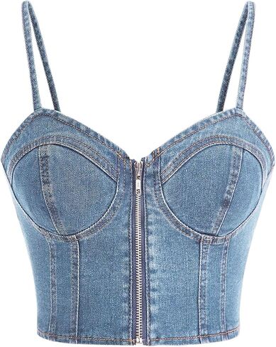 Milumia Women's Denim Bustier Crop Top Zip Front Spaghetti Strap Jean Cami Tank Tops in Saudi Arabia