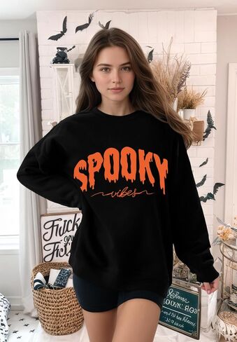 Halloween Sweatshirt for Women Oversized Spooky Season Sweaters Vintage Spooky Long Sleeve Shirt Fall Pullover Tops in Saudi Arabia
