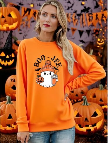 سويت شيرت Boo Jee للنساء للهالوين، سويت شيرت برسومات شبح لطيف مضحك Boo Jee Ghost بأكمام طويلة in Kuwait