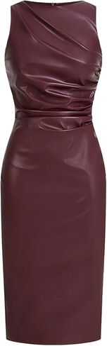 فستان WDIRARA نسائي من جلد البولي يوريثان مكشكش بدون أكمام بفتحة ضيقة متوسط ​​الطول in Kuwait