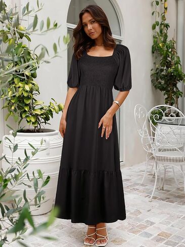 Summer Boho Smocked Maxi Dresses for Women 2025 Casual Half Sleeve Square Neck A Line Tiered Ruffle Long Dress with Pockets in Saudi Arabia