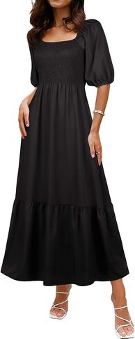 Summer Boho Smocked Maxi Dresses for Women 2025 Casual Half Sleeve Square Neck A Line Tiered Ruffle Long Dress with Pockets in Saudi Arabia