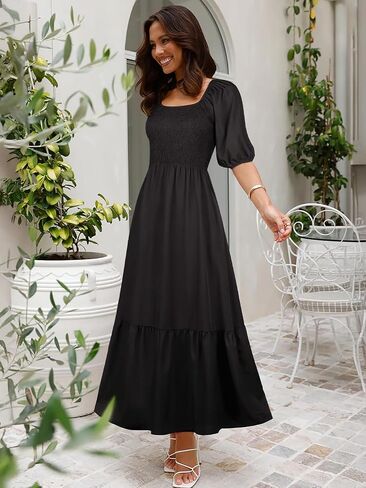 Summer Boho Smocked Maxi Dresses for Women 2025 Casual Half Sleeve Square Neck A Line Tiered Ruffle Long Dress with Pockets in Saudi Arabia
