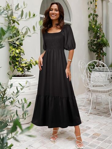 Summer Boho Smocked Maxi Dresses for Women 2025 Casual Half Sleeve Square Neck A Line Tiered Ruffle Long Dress with Pockets in Saudi Arabia