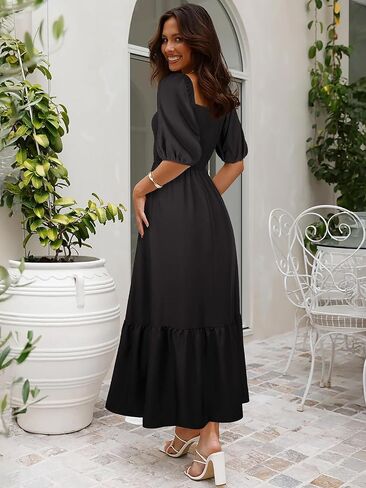 Summer Boho Smocked Maxi Dresses for Women 2025 Casual Half Sleeve Square Neck A Line Tiered Ruffle Long Dress with Pockets in Saudi Arabia