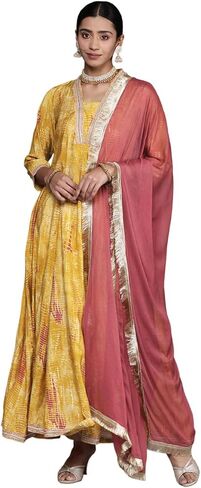 Women's Shibori Printed Anarkali Kurta, Paired With Contrast Dupatta With Four Side Fringes in Saudi Arabia