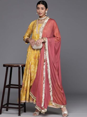 Women's Shibori Printed Anarkali Kurta, Paired With Contrast Dupatta With Four Side Fringes in Saudi Arabia