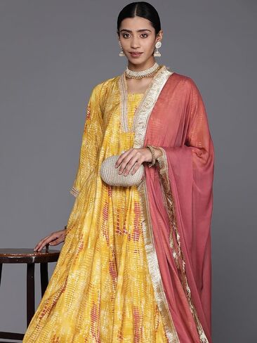 Women's Shibori Printed Anarkali Kurta, Paired With Contrast Dupatta With Four Side Fringes in Saudi Arabia