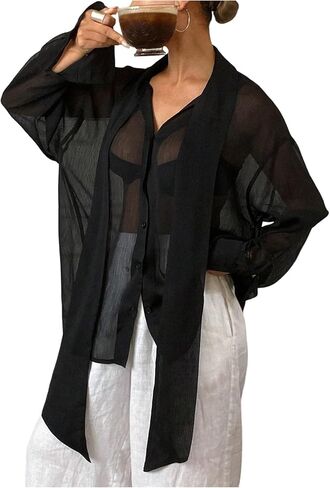 GORGLITTER Women's Chiffon Long Sleeve Blouses Dressy Casual See Through Button Down Bow Tie Neck Shirt Tops Trendy 2025 in Saudi Arabia