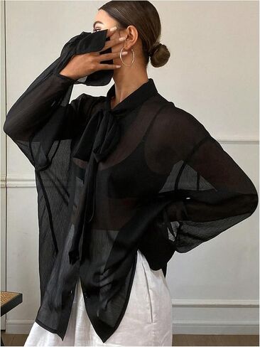 GORGLITTER Women's Chiffon Long Sleeve Blouses Dressy Casual See Through Button Down Bow Tie Neck Shirt Tops Trendy 2025 in Saudi Arabia