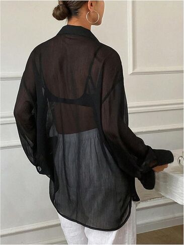 GORGLITTER Women's Chiffon Long Sleeve Blouses Dressy Casual See Through Button Down Bow Tie Neck Shirt Tops Trendy 2025 in Saudi Arabia