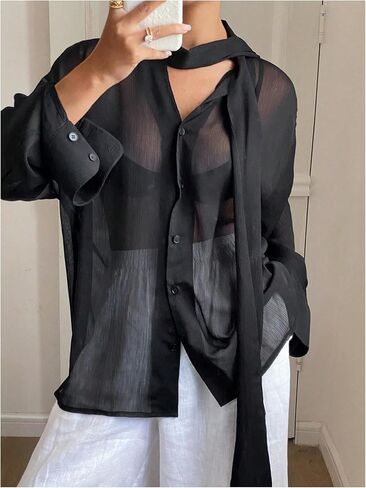 GORGLITTER Women's Chiffon Long Sleeve Blouses Dressy Casual See Through Button Down Bow Tie Neck Shirt Tops Trendy 2025 in Saudi Arabia