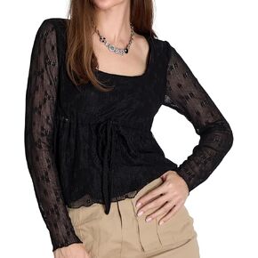 Women Lace Long Sleeve Top Vintage Floral Flowy Sheer Blouse in Kuwait