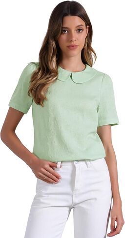 Allegra K Peter Pan Collar Blouse for Women's Floral Jacquard Puff Short Sleeve Kawaii Top in Kuwait